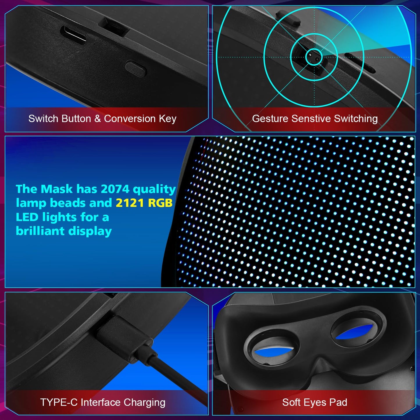 AIGLUN LED Face Transforming Mask with Gesture Control Fun - Cool stuff Halloween Cosplay and Christmas Parties