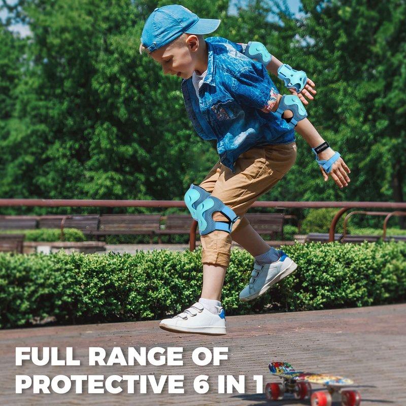 BOSONER Knee Pads for Kids Roller-Skating - Adjustable Protective Gear Set Knee Elbow Pads Wrist Guards for Bike Cycling Skateboarding Scooter Gifts 3-8 / 9-15 Years Boys Girls(Blue)