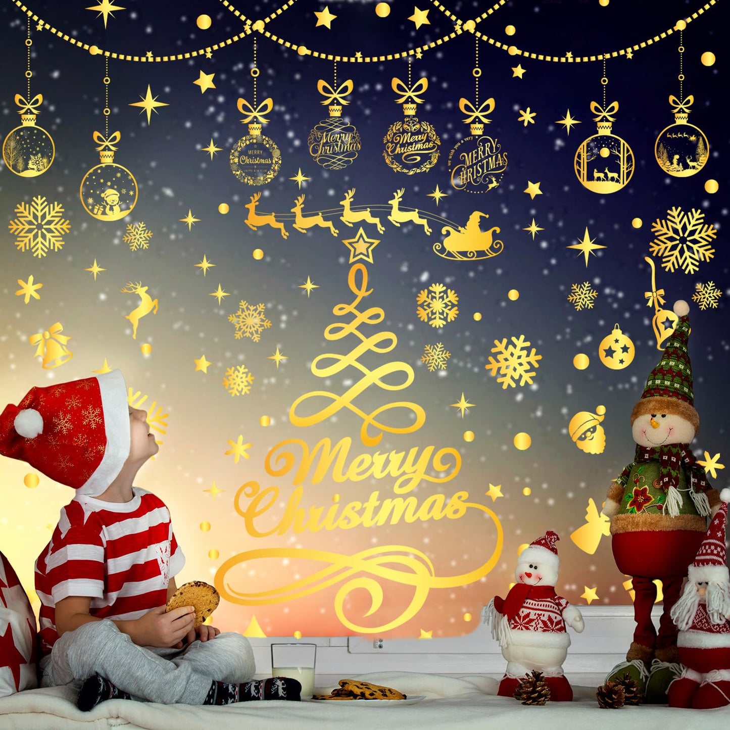 Whaline 9 Sheets Gold Christmas Window Clings Merry Christmas Tree Snowflake Window Decals Reusable Double-Sided Windows Decor for Winter Holiday Home Classroom Office Party Supplies
