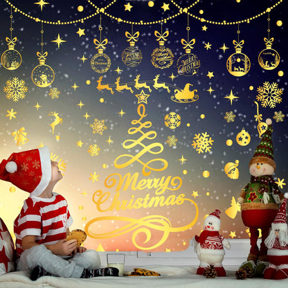 Whaline 9 Sheets Gold Christmas Window Clings Merry Christmas Tree Snowflake Window Decals Reusable Double-Sided Windows Decor for Winter Holiday Home Classroom Office Party Supplies