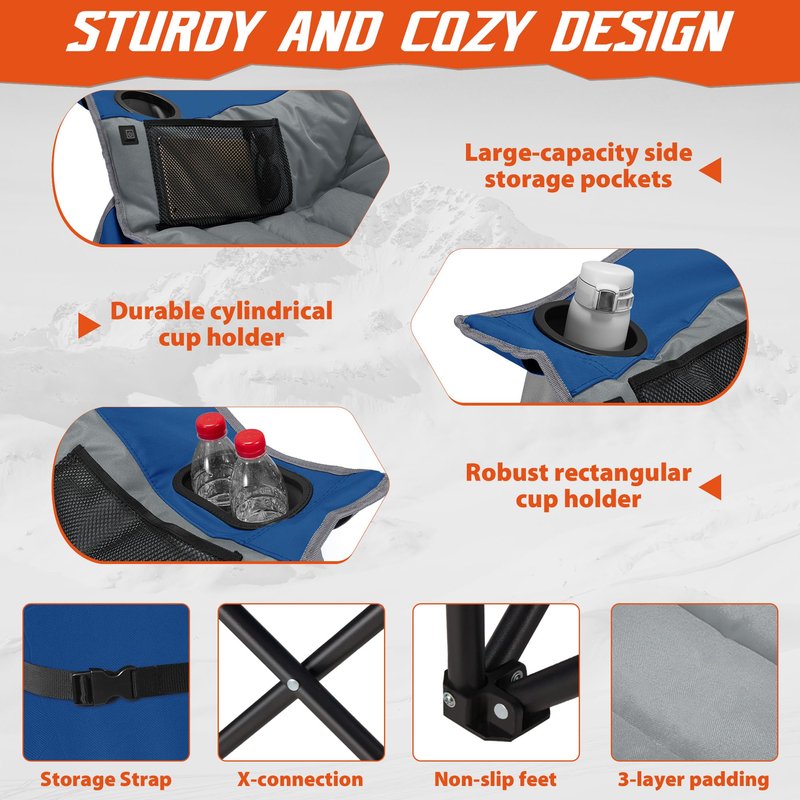 Youtanic Oversized Extra Large Heated Padded Camping Chair up to 500lbs, 3 Heat Levels Camp Chair with Carry Bag, Outdoor Heating Folding Chairs for Adults, Fishing, Sports, Picnic, Gray-Blue