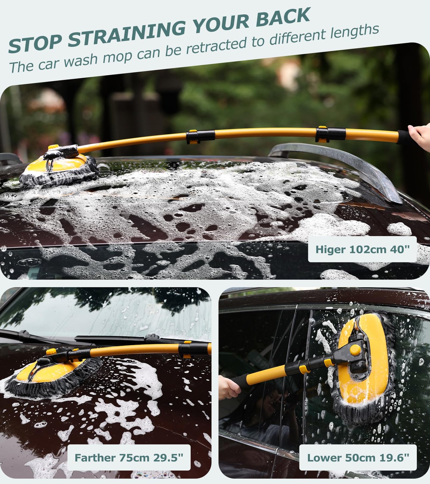 innhom 15° Curve Car Wash Brush,Telescopic Car Cleaning Brush, Microfibre Car Wash Brush Mop, Upgraded Aluminum Alloy Car Wash Brush Long Handle for Cars RV SUV Truck (Yellow( Mop and 2 Head))