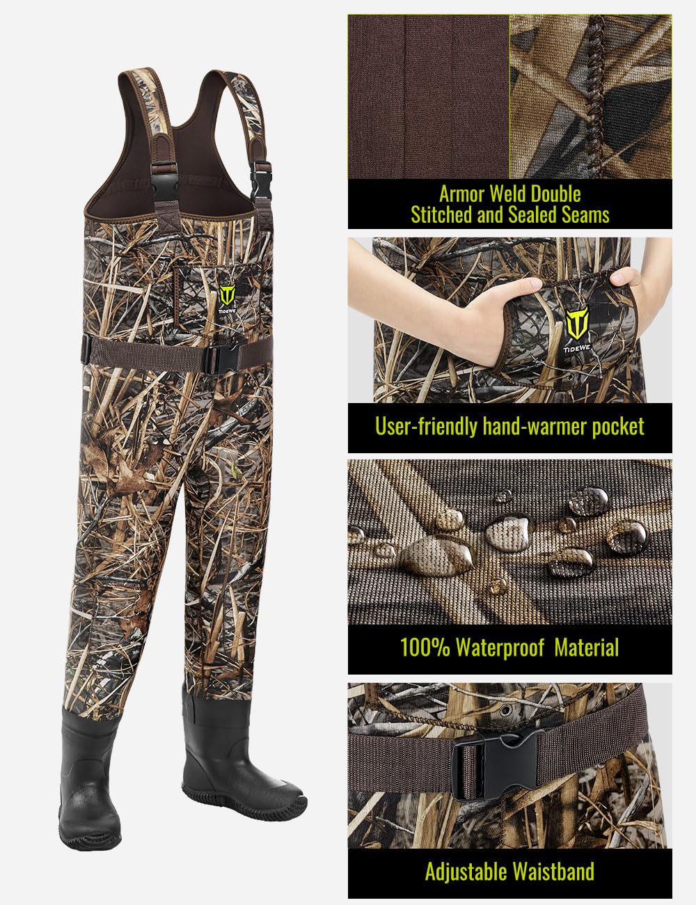 TIDEWE Chest Waders for Toddler & Children, Neoprene Waterproof Insulated Hunting & Fishing Youth Waders for Boy and Girl, Cleated Bootfoot Kids Wader, Next Camo Evos (Size 2T)