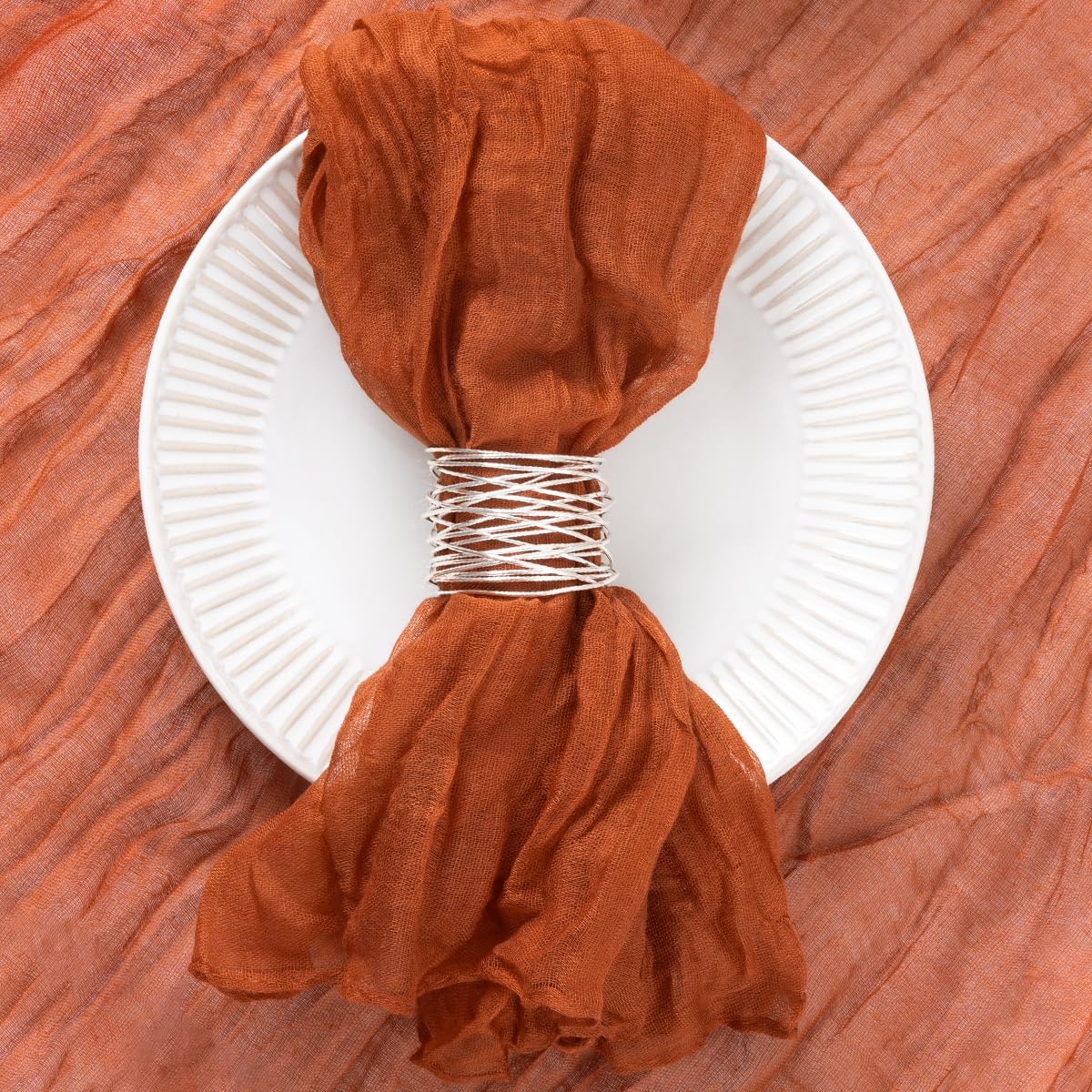 DeZerlor 20 Pack Terracotta Cheesecloth Napkins Burnt Orange Fall Cloth Napkins Set of 20 Rust Thanksgiving Table Napkins Bulk 21x21 Inches for Wedding Bridal Baby Shower Dinner Party Decor