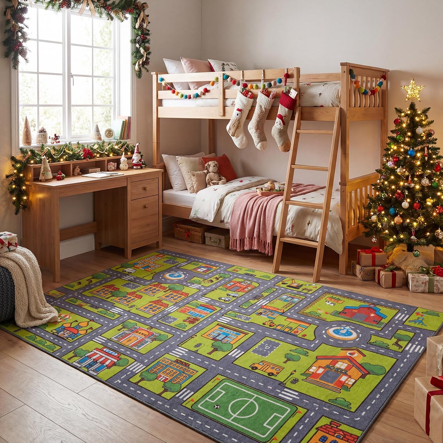 Merelax 5x8 Kids Car Area Rug, Grey Green Area Road Rugs for Living Room Playroom Classroom Bedroom, Non Slip Kids Play mat, Washable Rug, Educational City Traffic Map Fun Car Carpet for Ages 3-12