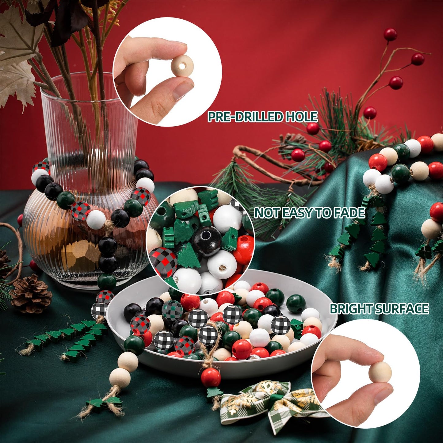 Junkin Christmas Wooden Bead Kit: 201 Pcs - 0.63 Inch Buffalo Plaid & 0.47 Inch Christmas Tree Shaped Beads with 6.6 Feet Natural Cord for DIY Garlands & Jewelry