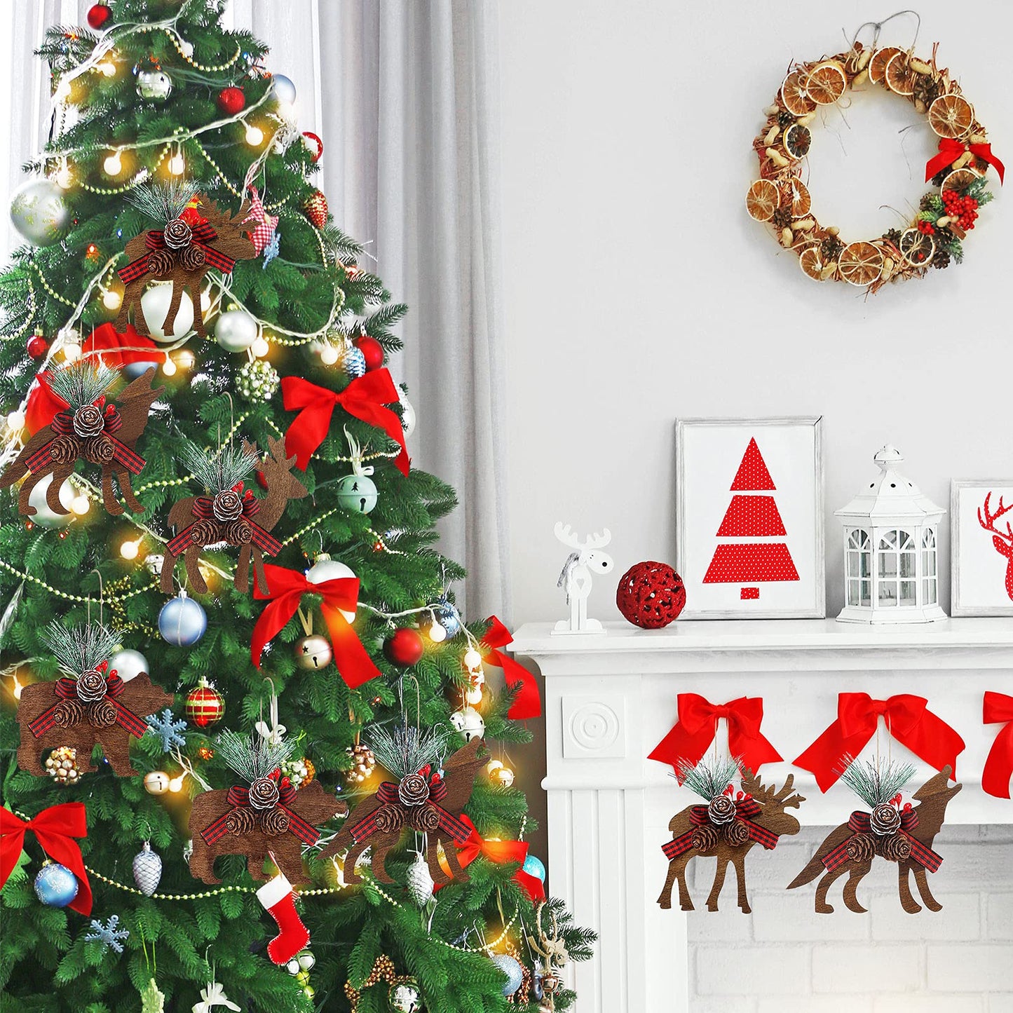 Blulu 8 Pcs Rustic Woodland Christmas Ornaments with Buffalo Plaid Bow Farmhouse Wooden Christmas Decorations for Tree Wooden Animal Hanging Ornaments for Xmas Home Decor(Classic Style)