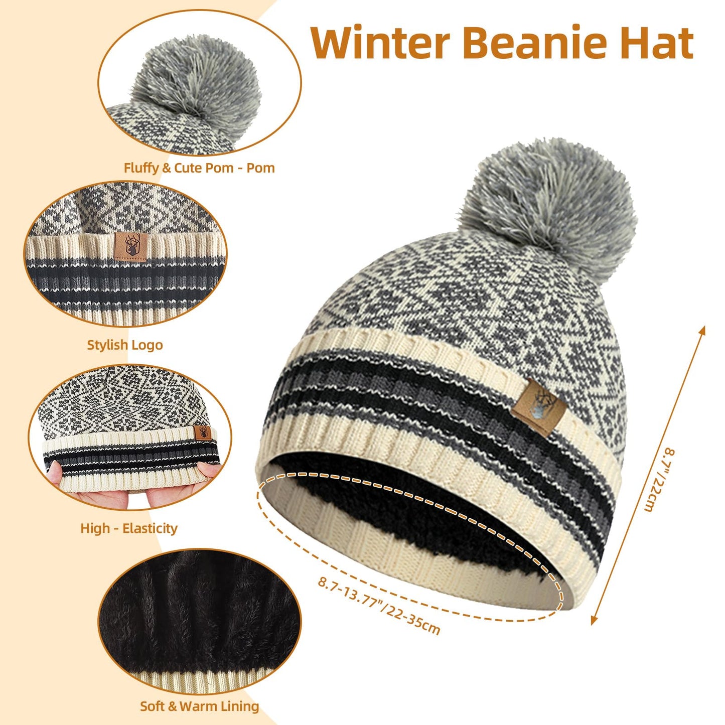 Winter Beanie Hat Long Scarf and Touchscreen Gloves for Women Fleece Lined Skull Cap Neck Scarves for Men 3Pcs