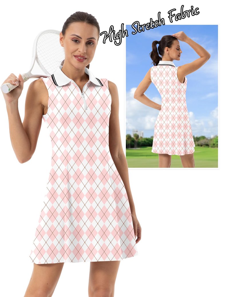 FKEEP Women's Tennis Golf Dress Sport Activewear Workout Athletic Zipper V-Neck with Shorts and Pocket (Pink Checkered, XXL)