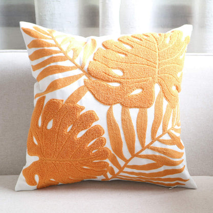 Hodeco Embroidery Throw Pillow Covers 18x18 Home Decor Floor Pillow Cover for Couch Bed Chair 100% Cotton Loop Embroidered Orange Tropical Leaves Cushion Cover Square Pillowcase 45x45cm, 1 Piece