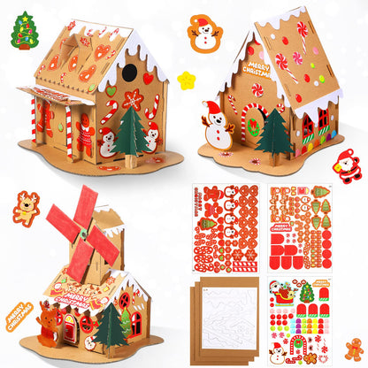 Sumind 3 Sets Christmas Gingerbread House Kit Small Xmas DIY Craft Kit Mini Christmas Cardboard Make-a-Gingerbread House Craft for Xmas Party Supplies Holiday Decor(Lovely Style)