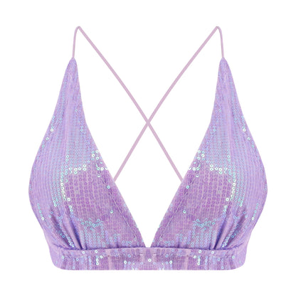 Monanoat Women’s Sexy Sequin Crop Top V Neck Bandage Tank Top Bustier Cami Dance Bra Top for Club Rave Purple