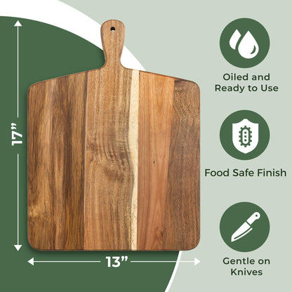 Acacia Wood Cutting Board and Chopping Board with Handle for Meat, Cheese Board, Vegetables, Bread, and Charcuterie - Decorative Wooden Serving Board for Kitchen and Dining Room, Large 17" x 13"