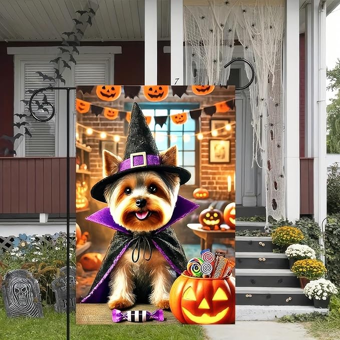 Happy Halloween Puppy Garden Flag Halloween Yorkie Flag for Outside Small 12x18 Double Sided,Fall Winter Witch Hat Dog Yard Flag Patio Room Garden Home Decor