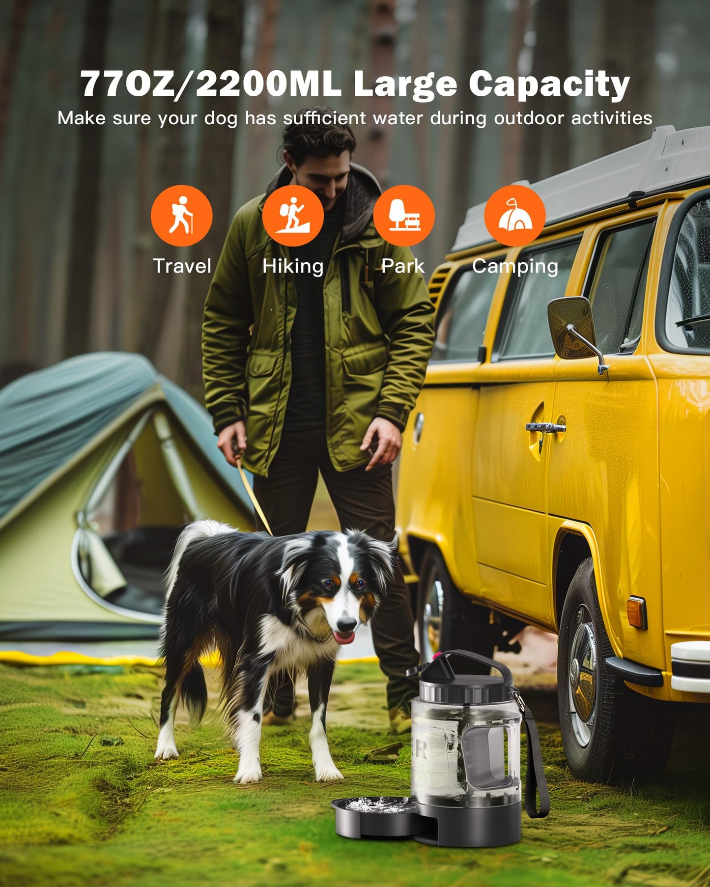 77oz Large Dog Water Bottle - Portable Travel Dog Water Dispenser & Bowl - Leak-Proof Pet Water Jug for Hiking, Camping, Walking & Car Trips, Black