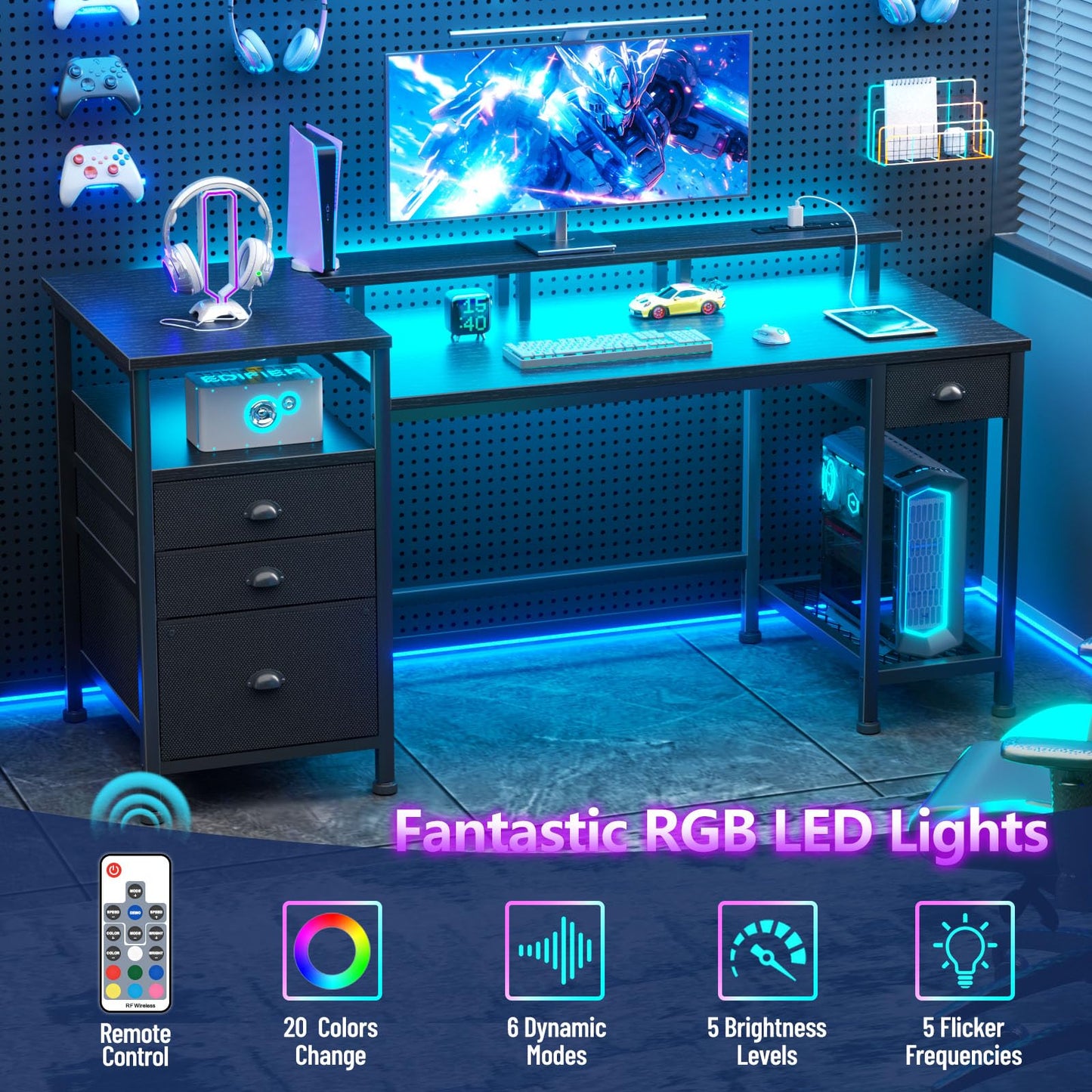 Furologee Black Computer Desk with 4 Drawers, 60" Long Office Desk with Fabric File Cabinet and Power Outlets, Gaming Desk with LED Lights, Study Writing Work Desk for Home Office