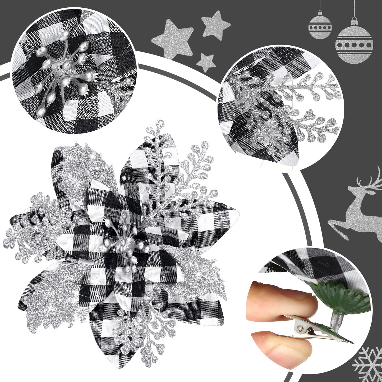 Canlierr 5.7 Inch Artificial Poinsettias Christmas Glitter Flowers with Clips Xmas Tree Flower Ornament Poinsettias Decor (Black and White Buffalo with Silver Petals,12 Pieces)