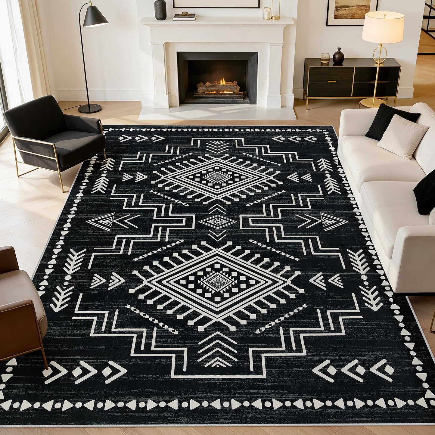 Joydeco Moroccan Black 8x10 Area Rugs for Living Room, Non-Slip Western Large Bedroom Dining Room Rug, Throw Stain Resistant Geometric Aztec Print Modern Soft Carpet for Playroom Office