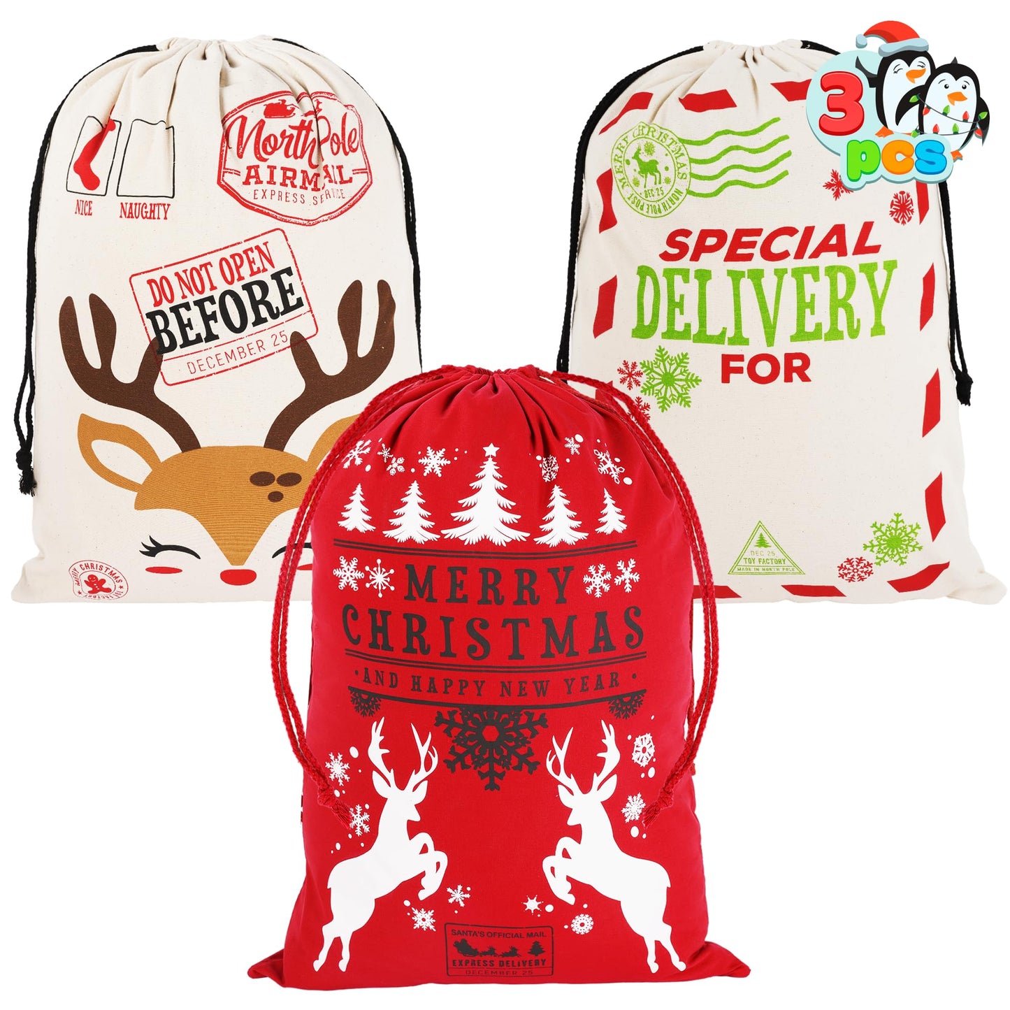 JOYIN 3 Packs Santa Sack, Large Christmas Canvas Gift Bag with Drawstring 26" x 19" for Hoilday Party Supplies, Reusable Personalized Best Gift for Xmas Package Storage, Christmas Event Party Favors