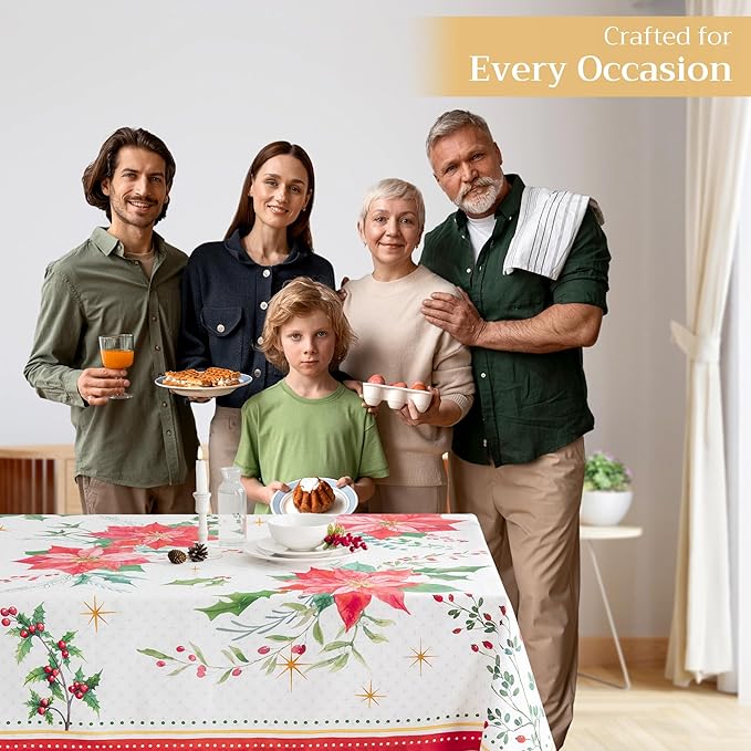 Maison d' Hermine Table Cloth Rectangle Table 100% Cotton 60 x 90 Inches Fall Tablecloth Reusable Everyday Use for Thanksgiving Christmas Decorations Dining Farmhouse Party (Poinsettia Christmas)
