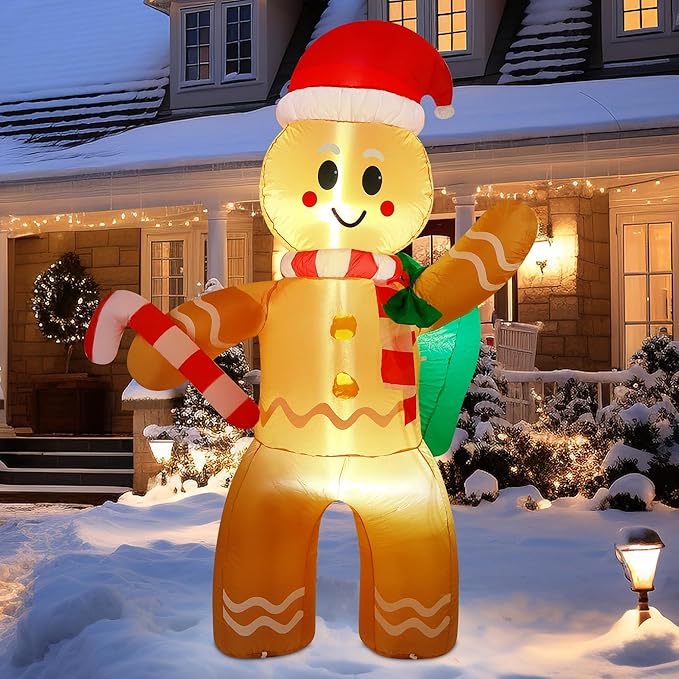 Christmas Inflatables 6 Ft Gingerbread Man with Gift Bag and Candy Cane, LED Lights Blow up Xmas Decorations for Indoor Outdoor Yard Garden Lawn Holiday Party Decor