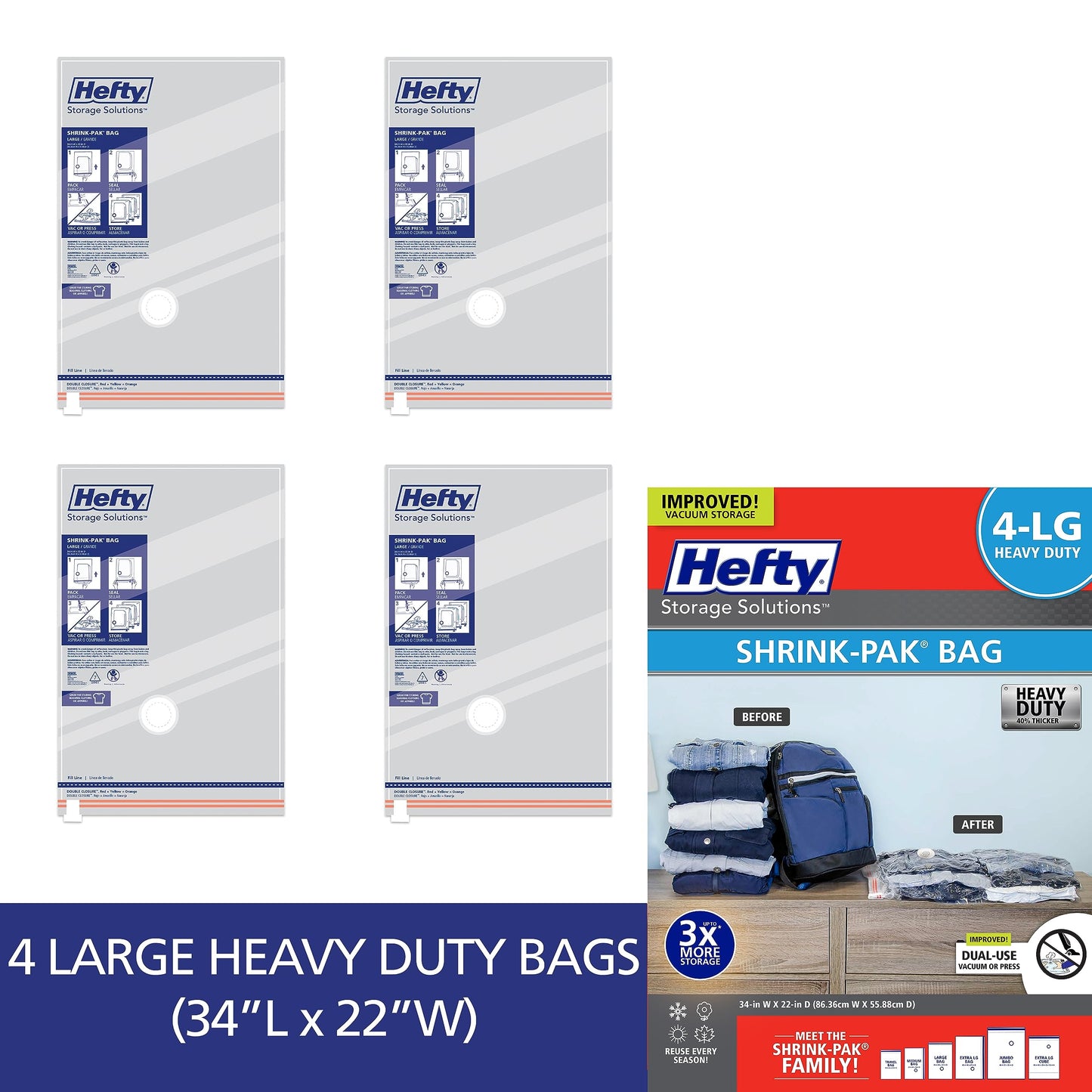 Hefty Shrink-Pak Heavy Duty Vacuum Storage Bags – For Clothes, Pillows, Towels, Blankets & More – Space Saver Vacuum Suction Seal for Home or Travel – 4 Large Bags, 34 x 22 Inches