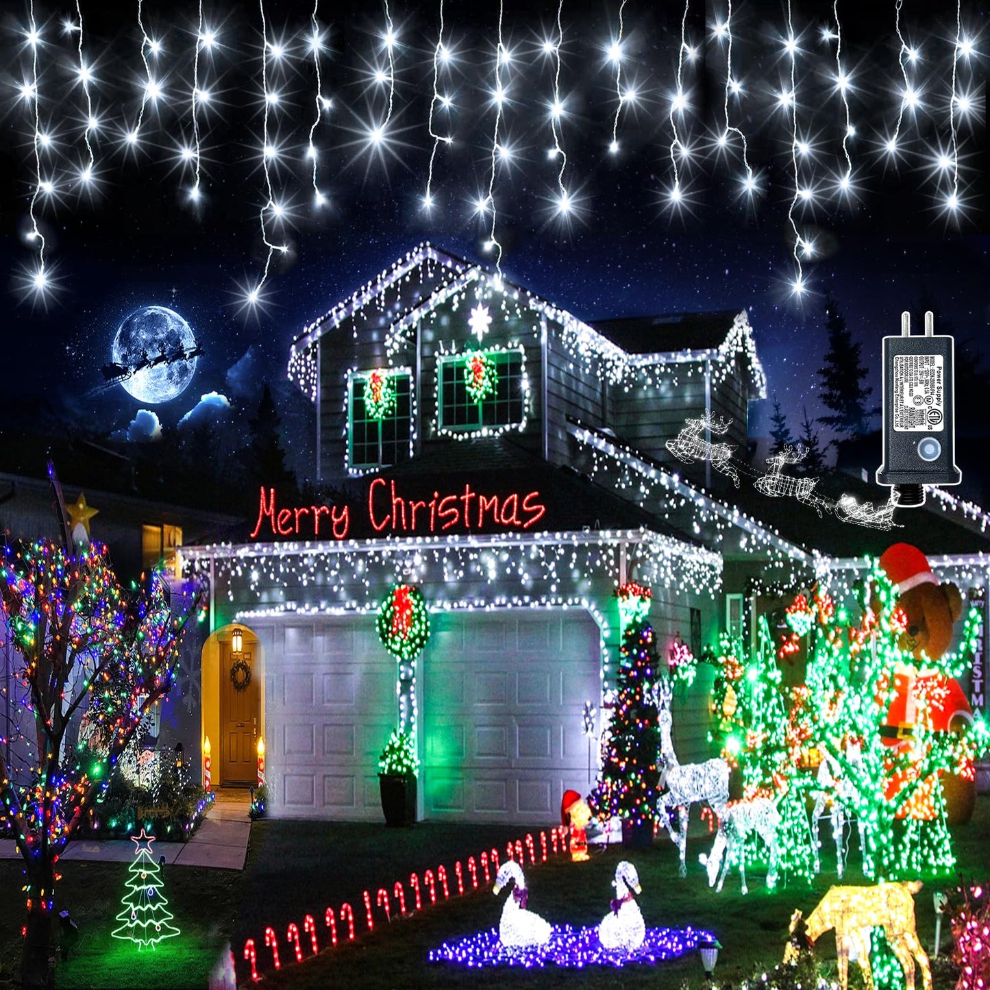 99ft 1216 LED Icicle Christmas Lights Outdoor - 8 Modes Icicle Lights with 228 Drops, Waterproof Plug in Fairy Curtain Light with Timer Memory for Party Holiday Wedding Decorations, Cool White