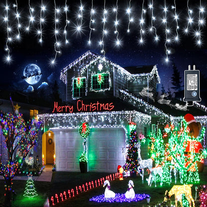 99ft 1216 LED Icicle Christmas Lights Outdoor - 8 Modes Icicle Lights with 228 Drops, Waterproof Plug in Fairy Curtain Light with Timer Memory for Party Holiday Wedding Decorations, Cool White
