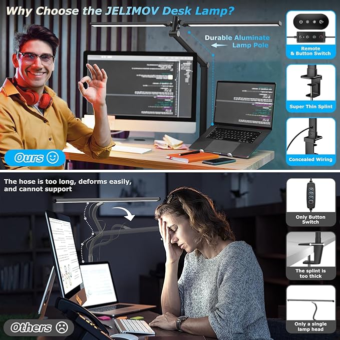 LED Desk Lamp for Home Office, Eye Caring Architect Desk Light with Remote, Dual Screen Computer Monitor Light with Stepless Dimming, Stepless Color Temp, Memory Function for Study, Dark Black