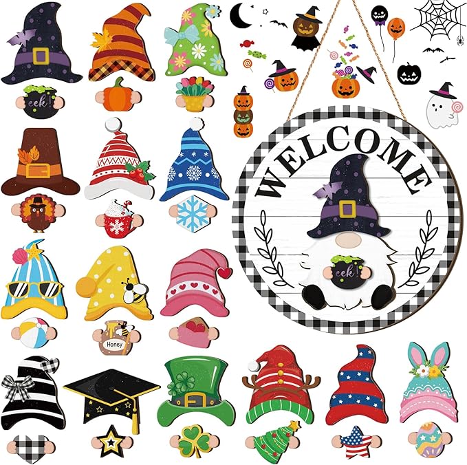 Qunclay Interchangeable Wooden Gnome Decor Holiday Seasonal Gnome Decorations with Magnet Pieces and Detachable Hats Changeable Welcome Sign for Home(Black and White Checkered Style)