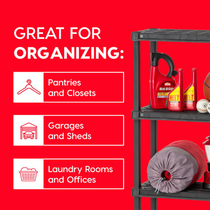 IRIS USA 5-Shelf Light Duty Plastic Storage Shelves, 250lb Capacity, 64"H x 24"W x 12"D, Medium Modular Shelving Unit Storage Organizer for Garage, Home, Bathroom & Laundry, Storage Rack - Black