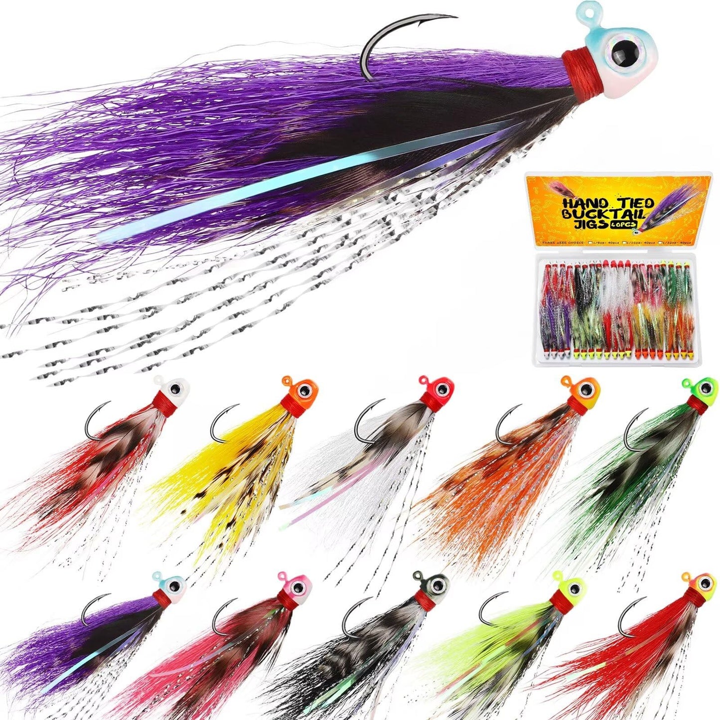 Dovesun Crappie Jigs Hand-Tied Hair Jigs 10 Colors Fishing Jigs Bucktail Crappie Jig Heads for Trout, Walleye and Panfish Fishing #4-1/16oz*40pcs