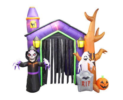 8.5 Foot Halloween Inflatable Haunted House Castle with Skeleton, Ghost, Tree and Pumpkin Lights Decor Outdoor Indoor Holiday Decorations, Blow up