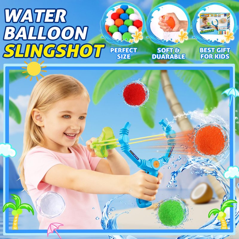 Reusable Water Balloons Set For Kids, 2 PCS Slingshot Launcher With 25 PCS Soft Balls, Outdoor Summer Water Toys For Pool Beach Backyard Water Game Fun, Birthday Party Gift For Boys Girls