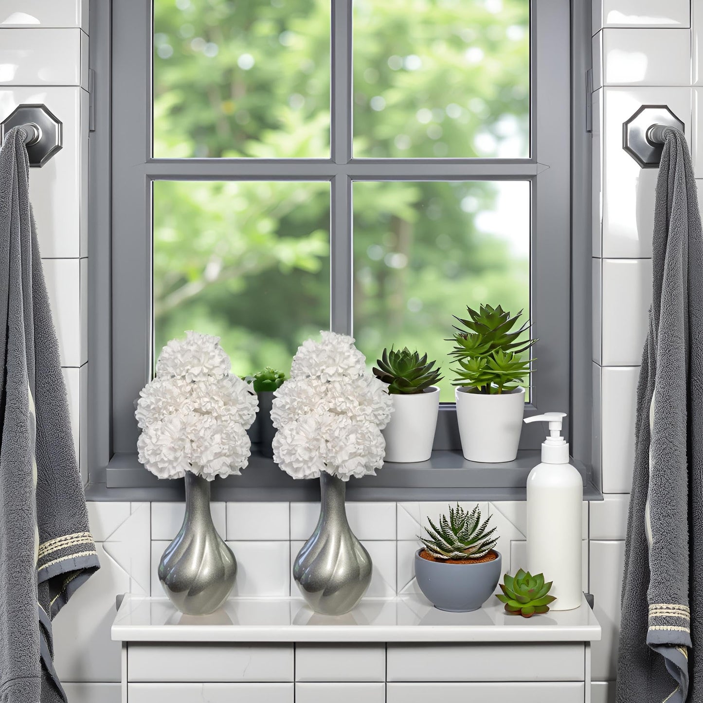 Flourish Vase with Artificial Flowers - Silver Grey and White, Pre-Arranged - Perfect for Home Decor and Living Room Decoration, Bedroom or Bathroom Ornament