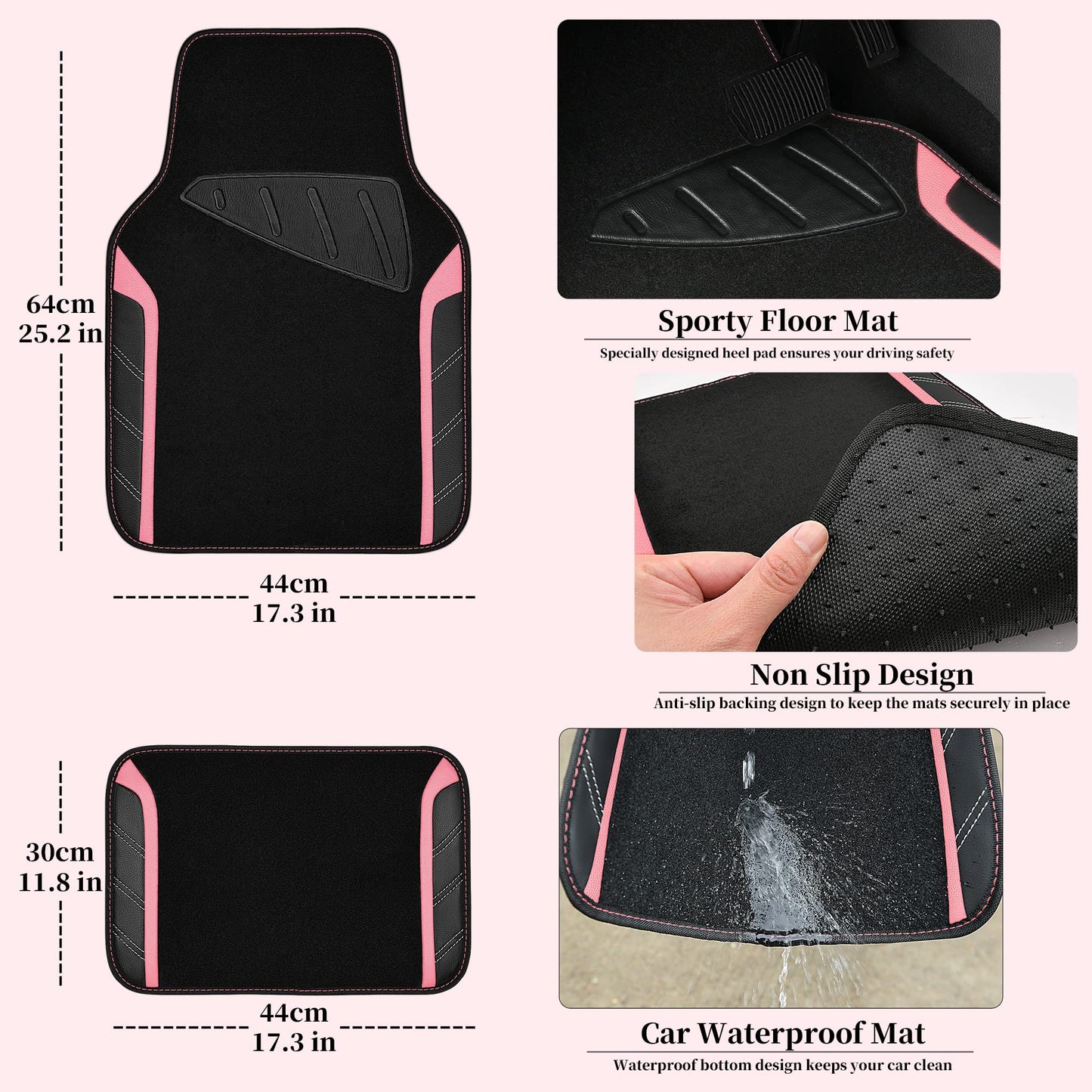 CAR PASS Microfiber Steering Wheel Cover and Waterproof Car Floor Mats,Leather Universal Car Combo Fit for 95% Truck,SUV,Cars,14.5-15inch Sporty Anti-Slip Safety Comfortable Design(Black and Pink)