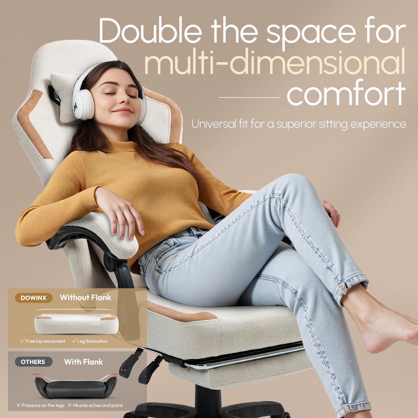 Dowinx Fabric Gaming Chair with Pocket Spring Cushion,Breathable Computer Chairs with Massage Lumbar Support and Footrest,High Back Game Office Chair for Adult,Beige