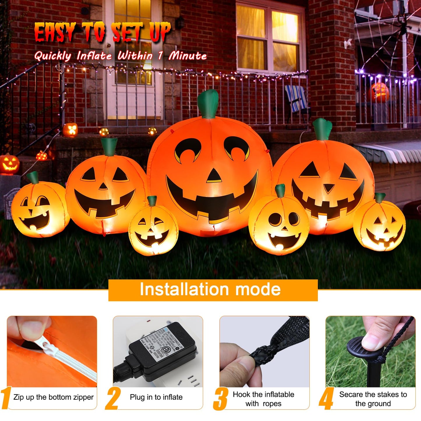 Halloween Inflatable Pumpkin Outdoor Decoration, 8.5FT Long Inflatable Pumpkin Lanterns with Build-in LED Lights, Blow Up 7 PCS Pumpkins Patch for Halloween Party Indoor Garden Lawn Yard Decor