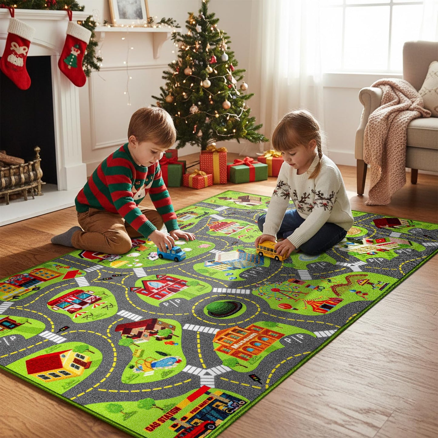 Kids Rug for Playroom, 60"X36" Car Rug Play Mat, Town City Road Map for Boys to Play with Cars Trucks, Non-Slip Car Carpet for Classroom Nursery Bedroom, Machine Washable (City Map, 60"X36")