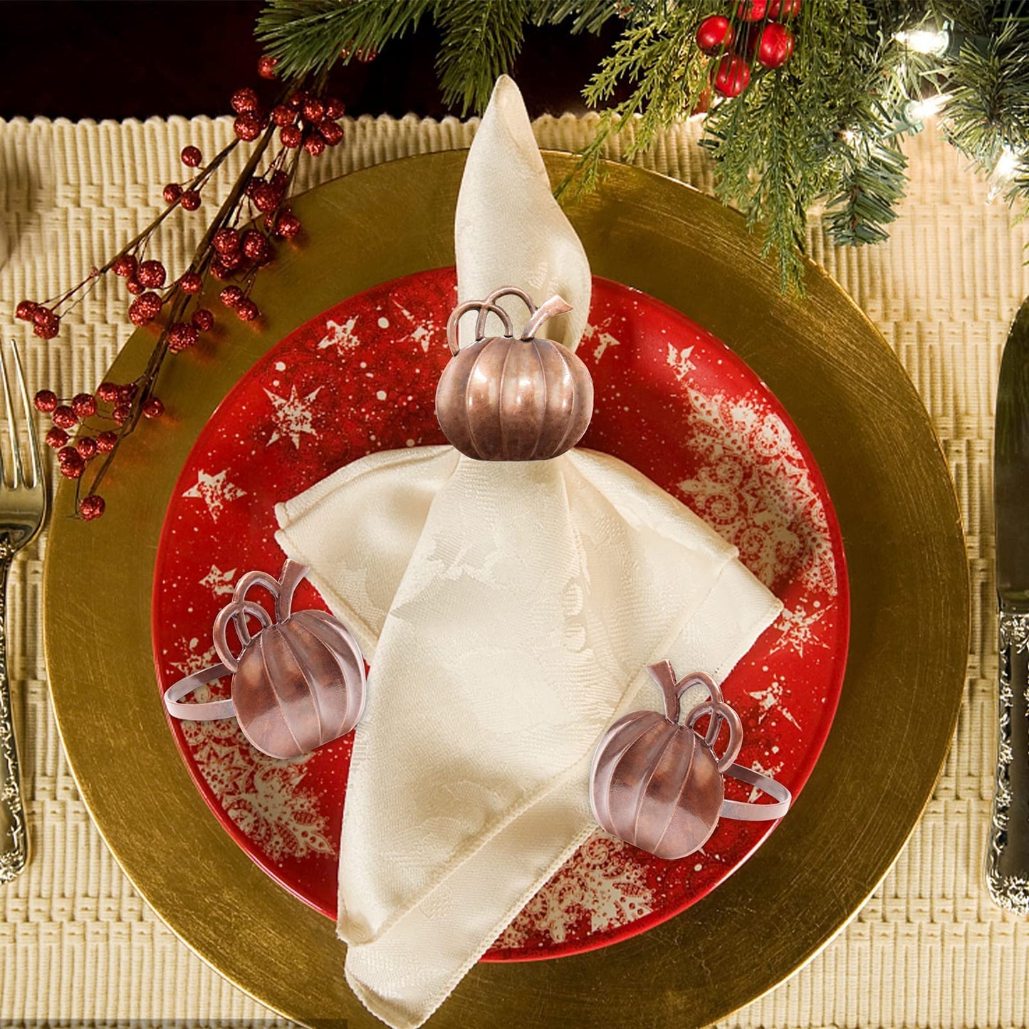 Halatool Set of 12 Thanksgiving Napkin Rings- Fall Harvest Pumpkin Napkin Holder, Alloy Dinner Tables Napkin Ring Decoration for Thanksgiving Halloween Weddings Holidays Gathering Party (Bronze)
