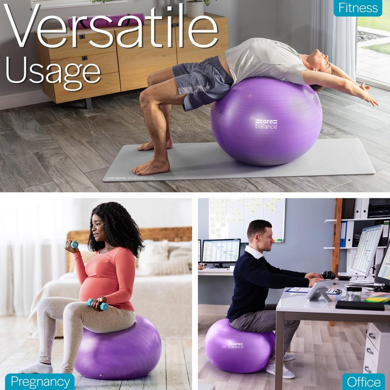 Core Balance Exercise Ball for Workouts, Anti-Burst and Slip Resistant, Swiss Yoga Ball for Pregnancy, Stability, Fitness and Physical Therapy, 4 Sizes, with Pump (29" / 75cm Purple)