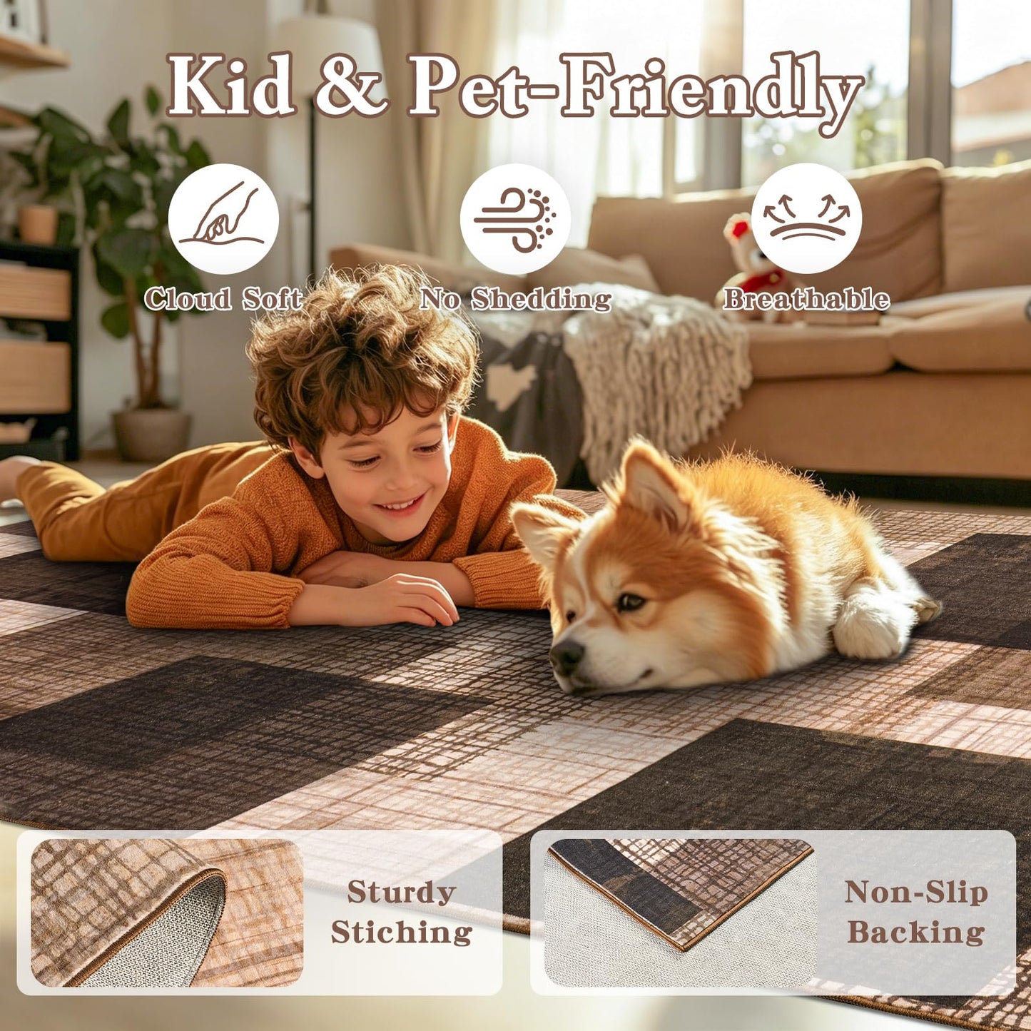Modern Indoor Area Rug for Living Room, 8x10 Large Low Pile Geometric Patchwork Rug for Bedroom, Dining Room, Office, Hardwood Floors Home Decor, Non-Slip Faux Wool Machine Washable Area Rugs, Brown