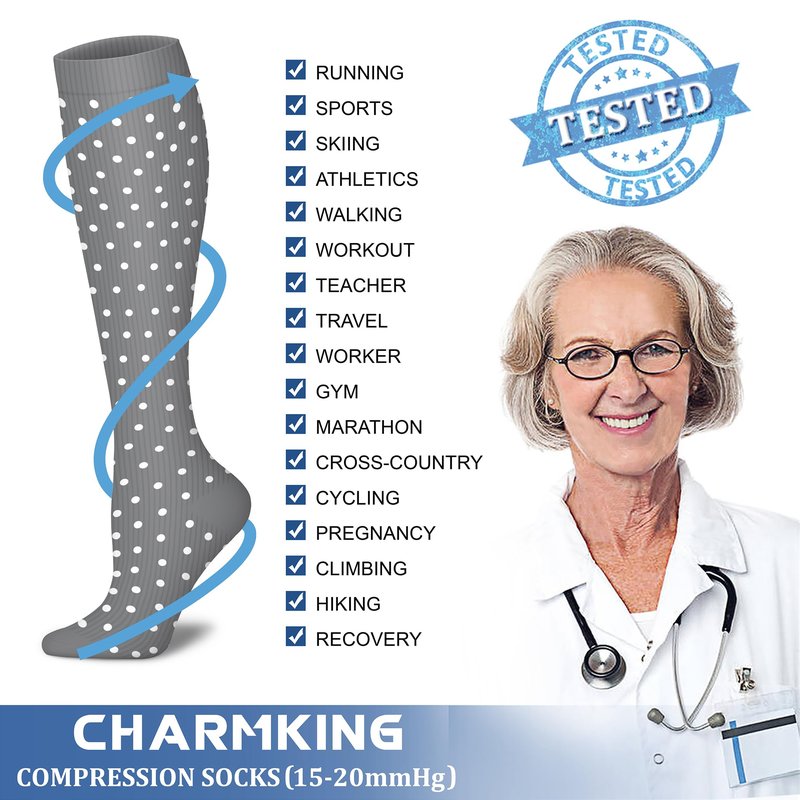 CHARMKING Compression Socks for Women & Men (8 Pairs) 15-20 mmHg Graduated Copper Support Calf Socks are Best for Pregnant, Nurses - Boost Performance, Circulation, Knee High Wide Calf(L/XL, Multi 50)