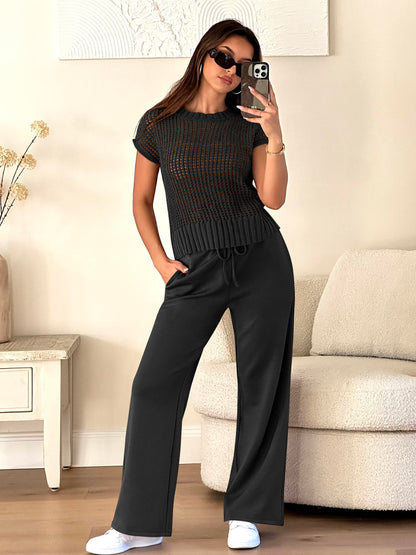 ANRABESS Women Two Piece Outfits Crochet Sheer Knit Sweater Top Wide Leg Pants Lounge Matching Sets Sweatsuit Travel Clothes Black X-Large