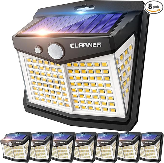 CLAONER Solar Lights Outdoor, [128 LED/8 Packs] Solar Motion Lights 3 Working Modes Solar Wall Lights with 270°Wide Angle Wireless IP65 Waterproof Motion Sensor Outdoor Deck Lights, Warm White