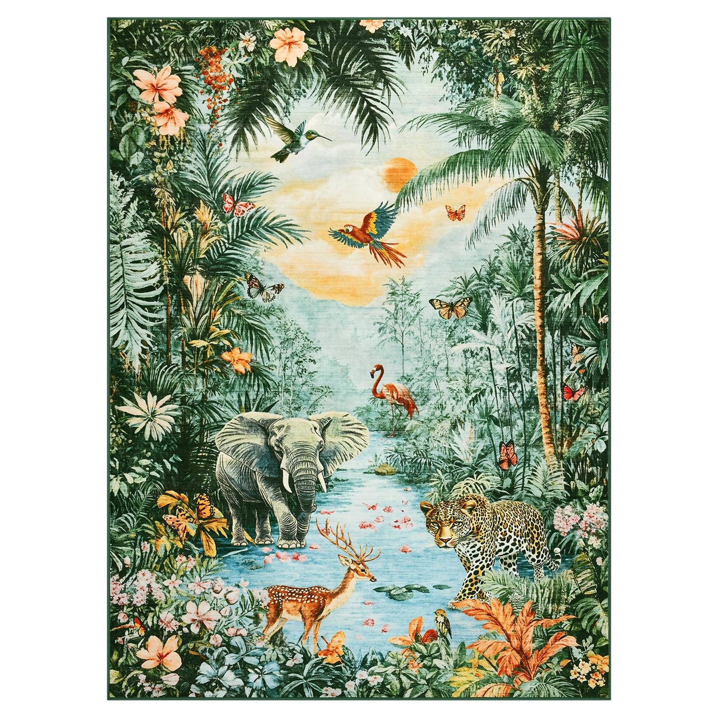 Amearea Jungle Print 5x7 Area Rug for Living Room, Washable Green Rugs for Bedroom, Forest Animal Rug Low Pile Kids Nursery Room Rug, Leopard Rugs Carpet for Boys Girls Playroom Dining Room Decor