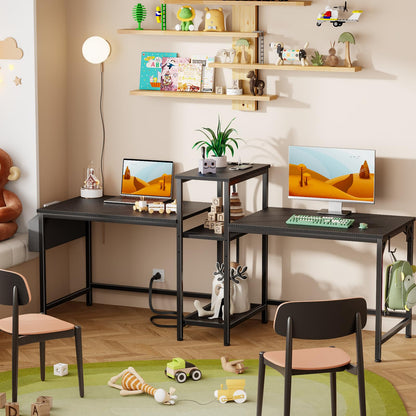 Furologee Double Desk with Power Outlets, 71 Inch Computer Desk with Storage Bag and Headphone Hooks, Gaming Desk Study Writing Table for Home Office, Black