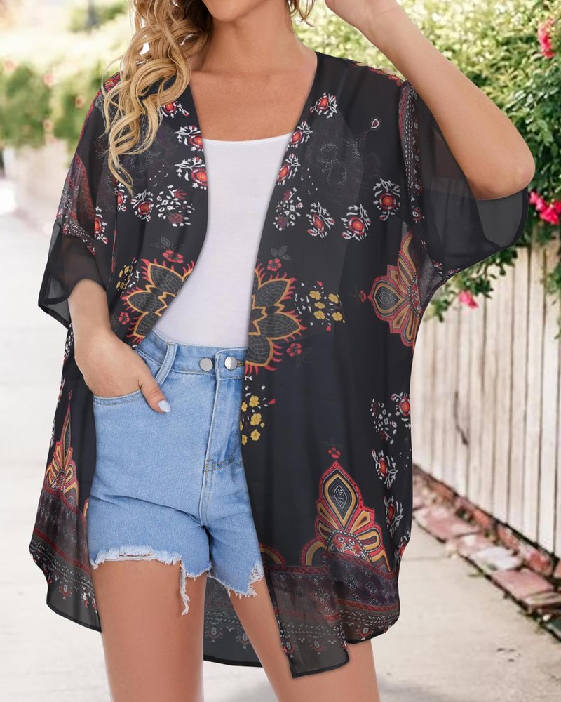 Womens Kimonos Beach Cover Up Chiffon Cardigan Floral Blouse Loose Fit Cape Top Summer Resortwear(Orange Black,XL)