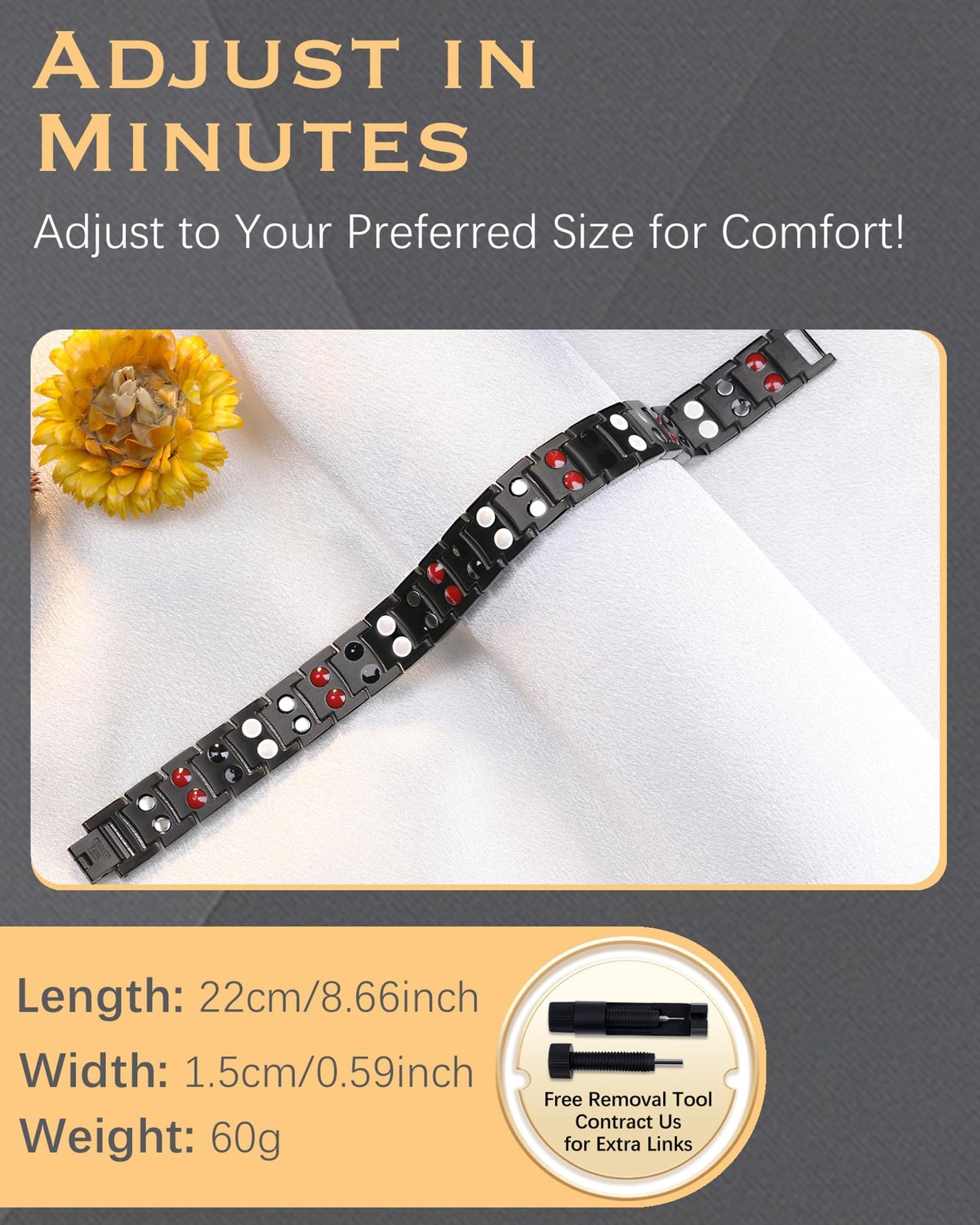 Jeracol Magnetic Bracelet Men,Titanium Steel Magnet Bracelets for Men with Effective 4 Elements,Adjustable Brazaletes Come with Jewelry Gift Box