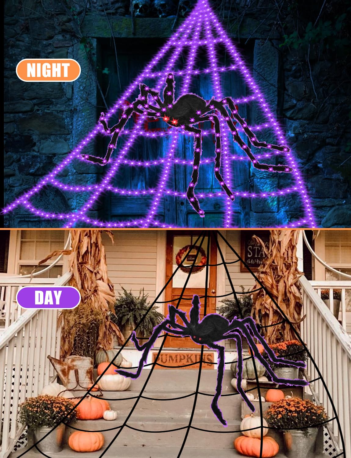 Halloween Decorations Outdoor Spider Web Lights - 550 LED 16.4Ft Spiderweb with 4Ft Large Light Up Spider, Waterproof, 8 Modes Memory Function for Outdoor Yard Halloween Decor (with Spider)